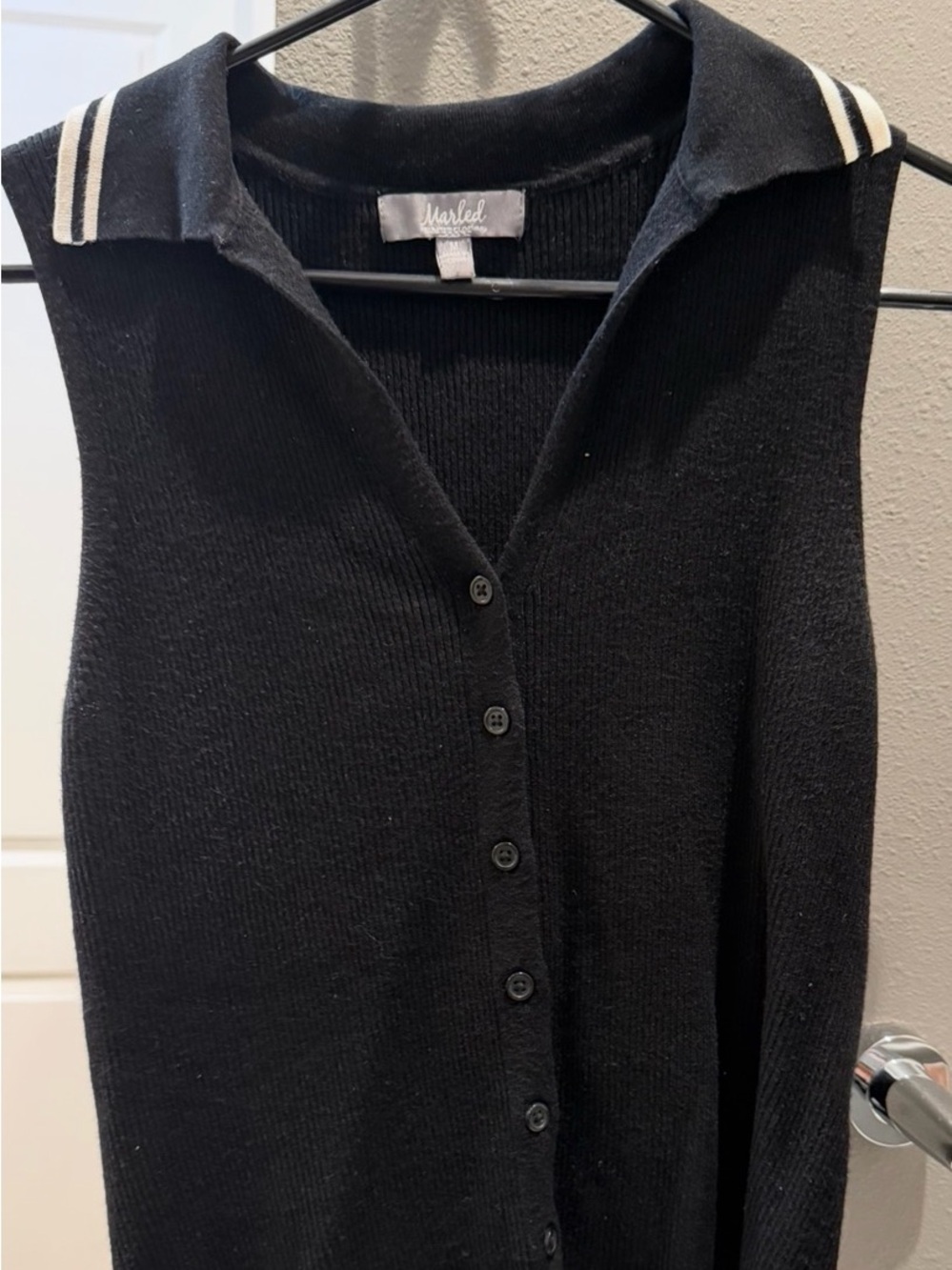 Sleeveless Black Button-Front Knit Cardigan by